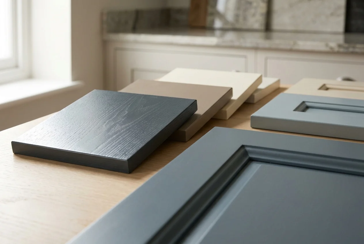Close-up of cabinet finish swatches and painted door edges in warm and cool tones