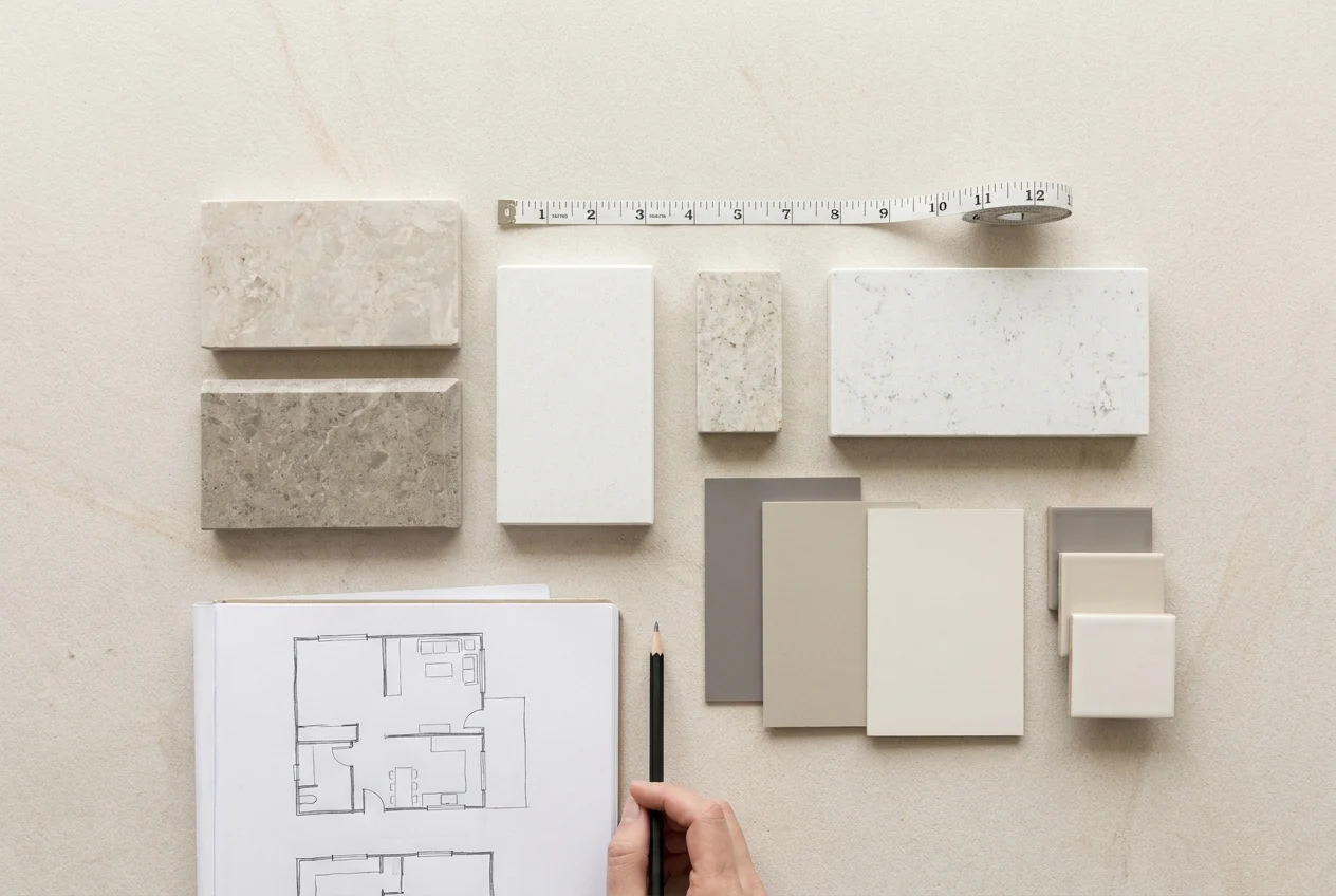 Homeowners and designer compare countertop edge samples in a bright showroom
