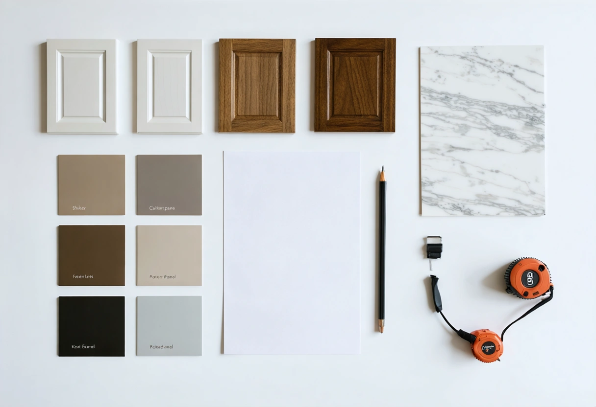 Flat, Shaker, and raised panel cabinet door styles with finish swatches and tools