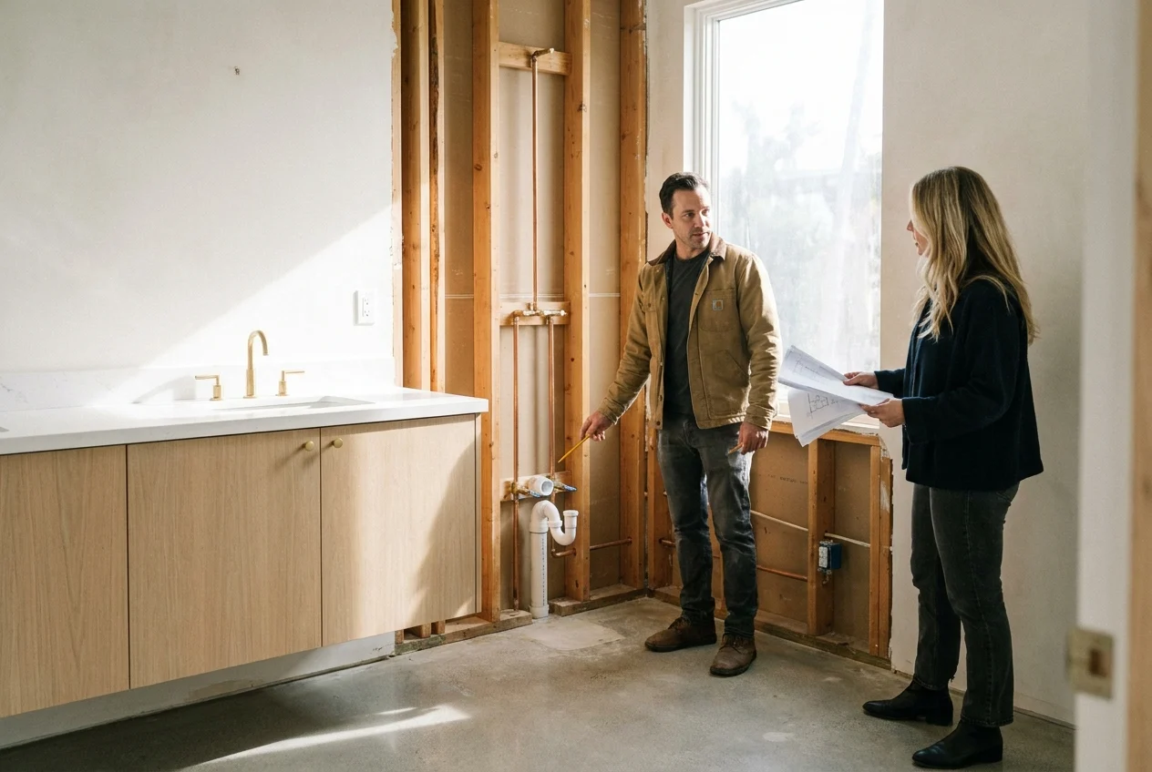 Professionals inspect reinforced framing and plumbing behind floating vanity