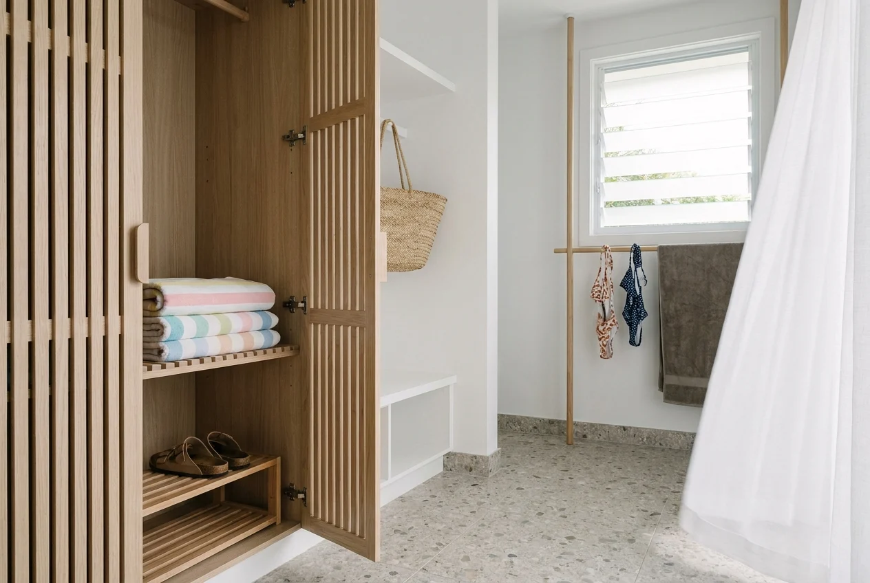 Organized closet combining adjustable shelves, rods, baskets, and drawers
