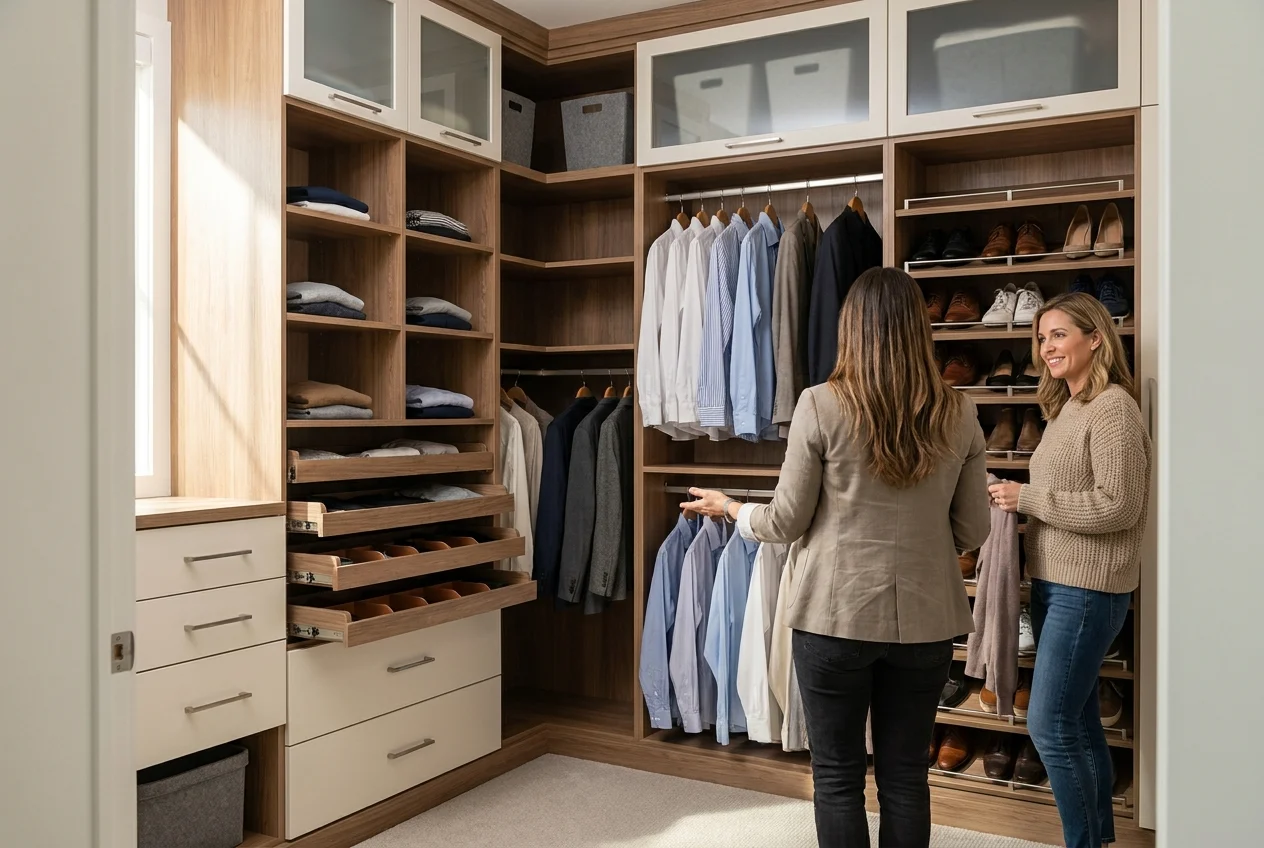 Spacious walk-in closet with shelves, drawers, and hanging clothes