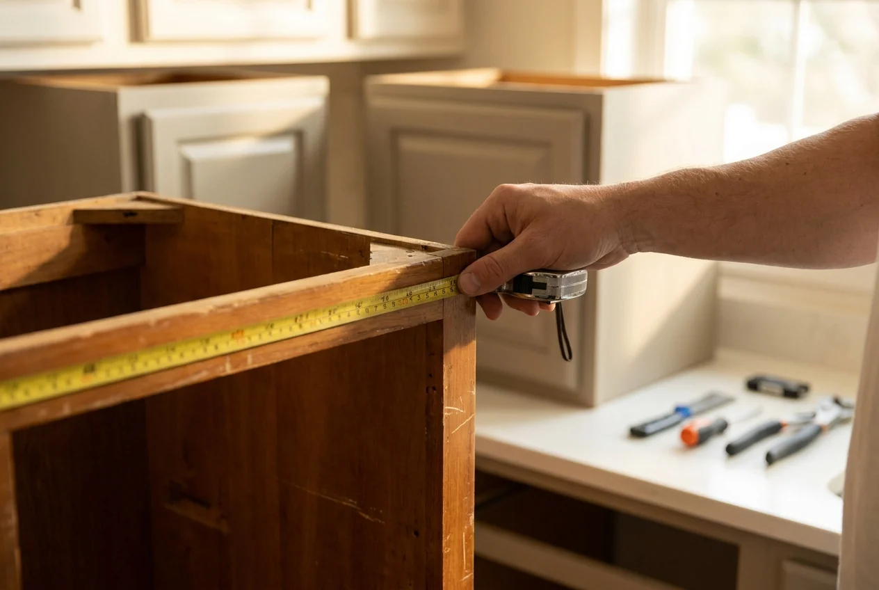 Homeowner examining existing cabinet doors, drawers, and frames