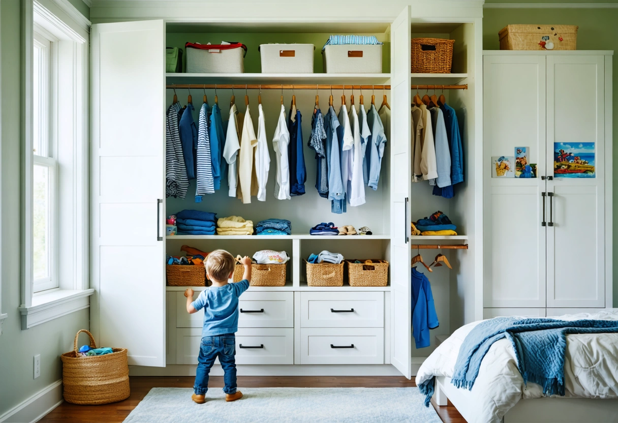 Compact reach-in closet with sliding doors and organized storage