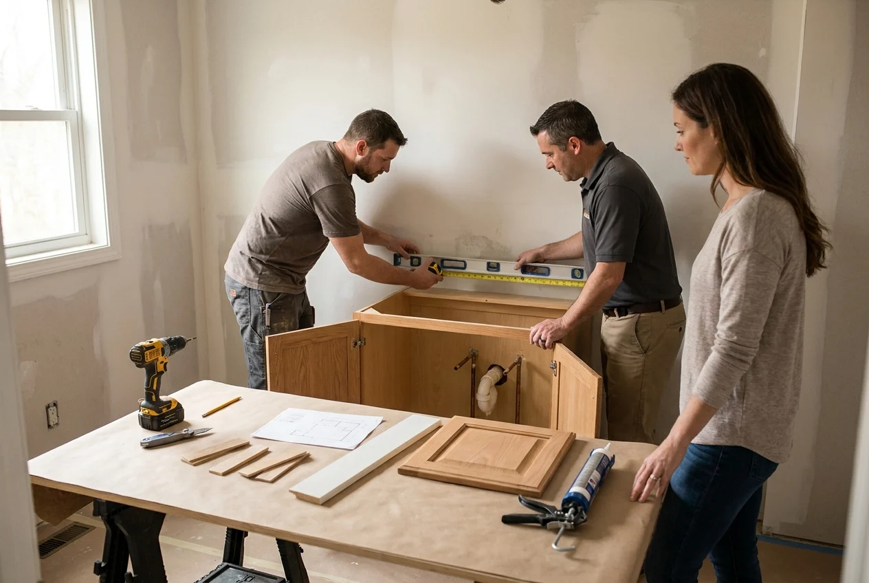 Installer and specialist verify freestanding vanity fit as homeowner observes