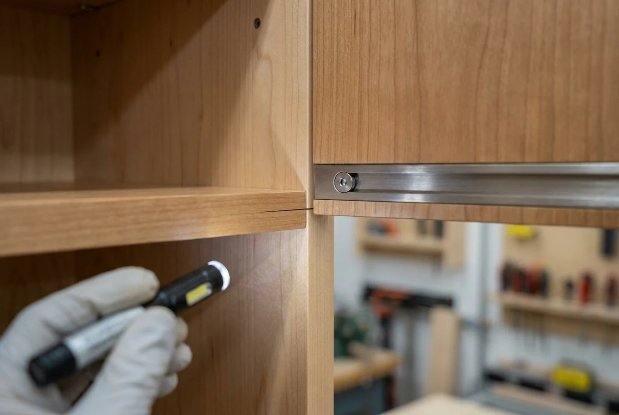 Open cabinet displaying aligned doors, drawers, hinges, and joinery