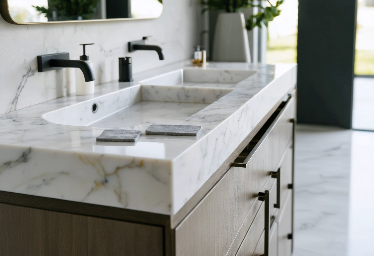 Hand compares material samples beside premium vanity hardware and quartz