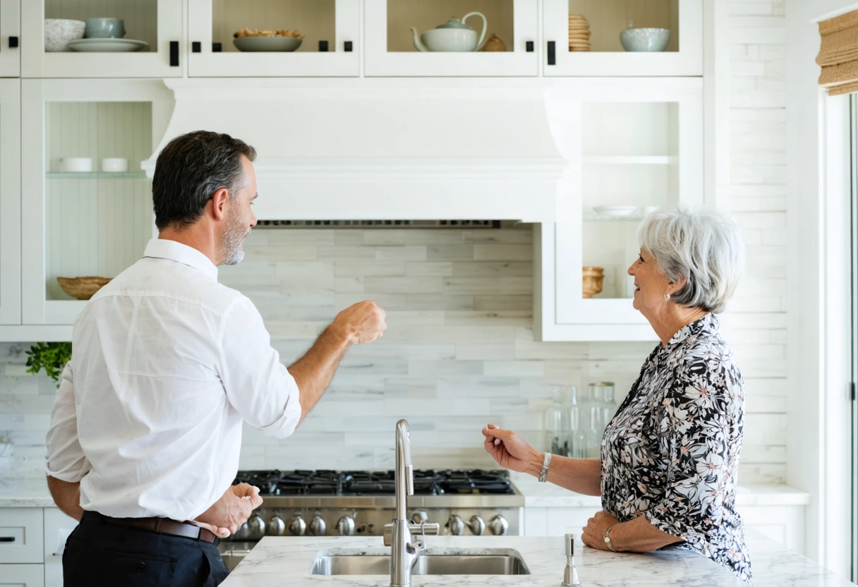 wide-editorial-hero-photograph-of-a-K1kv9a Cabinet specialist demonstrates a soft-close door as homeowner watches