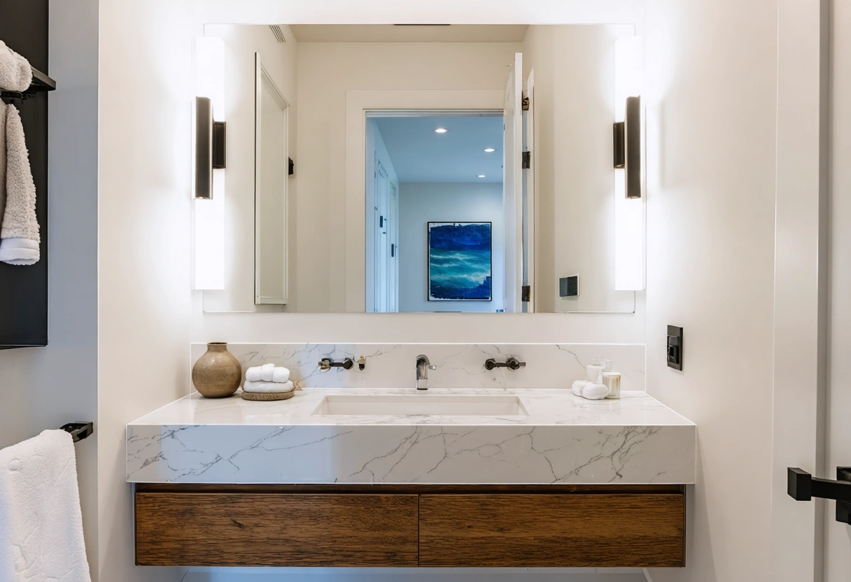 Wall-mounted floating vanity above an open bathroom floor