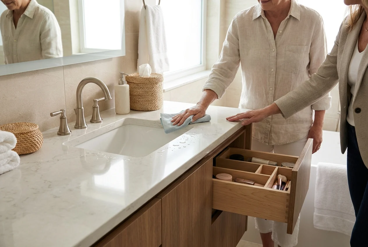Homeowner cleaning a stone countertop beside a kitchen sink