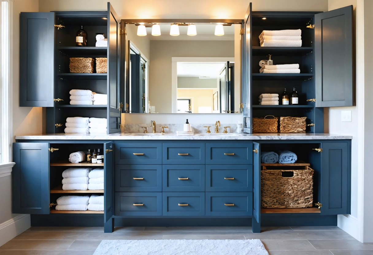 Compact bathroom featuring a floating vanity with under-cabinet lighting