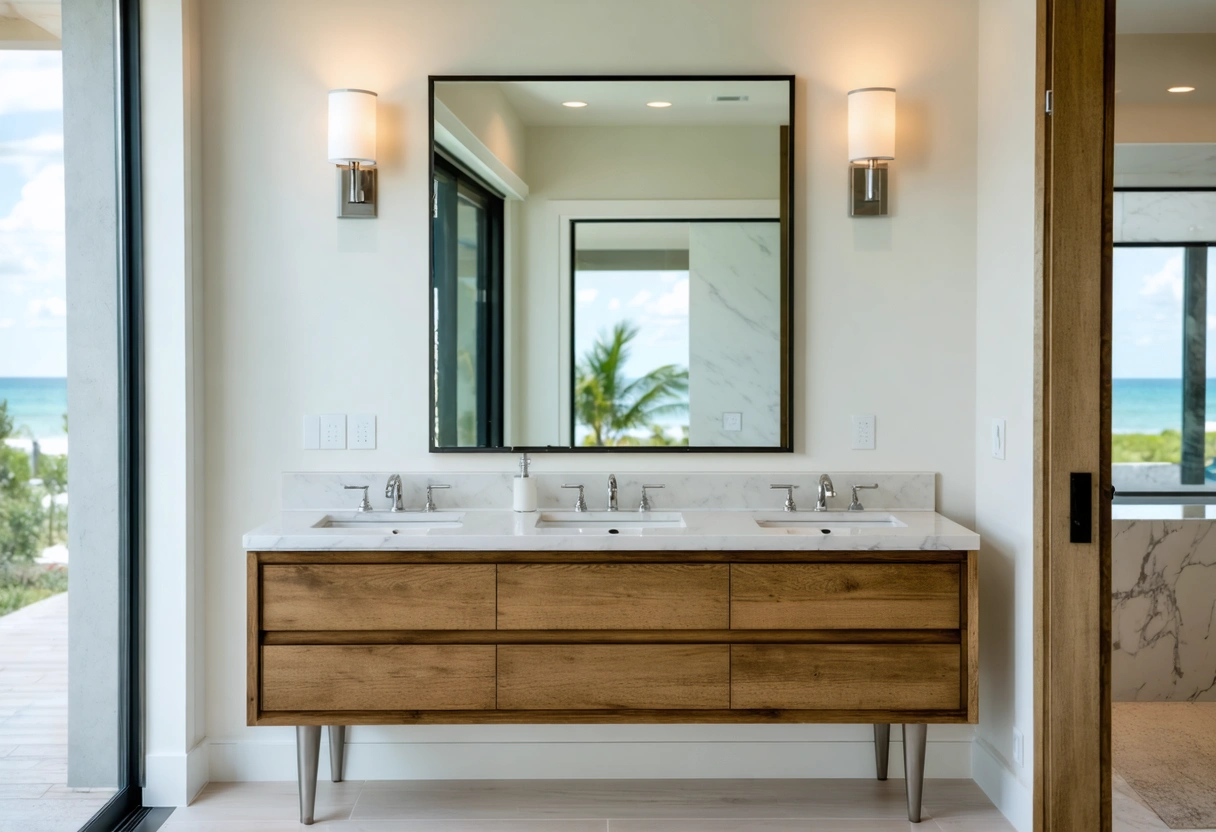 Freestanding oak bathroom vanity with quartz countertop and coastal decor