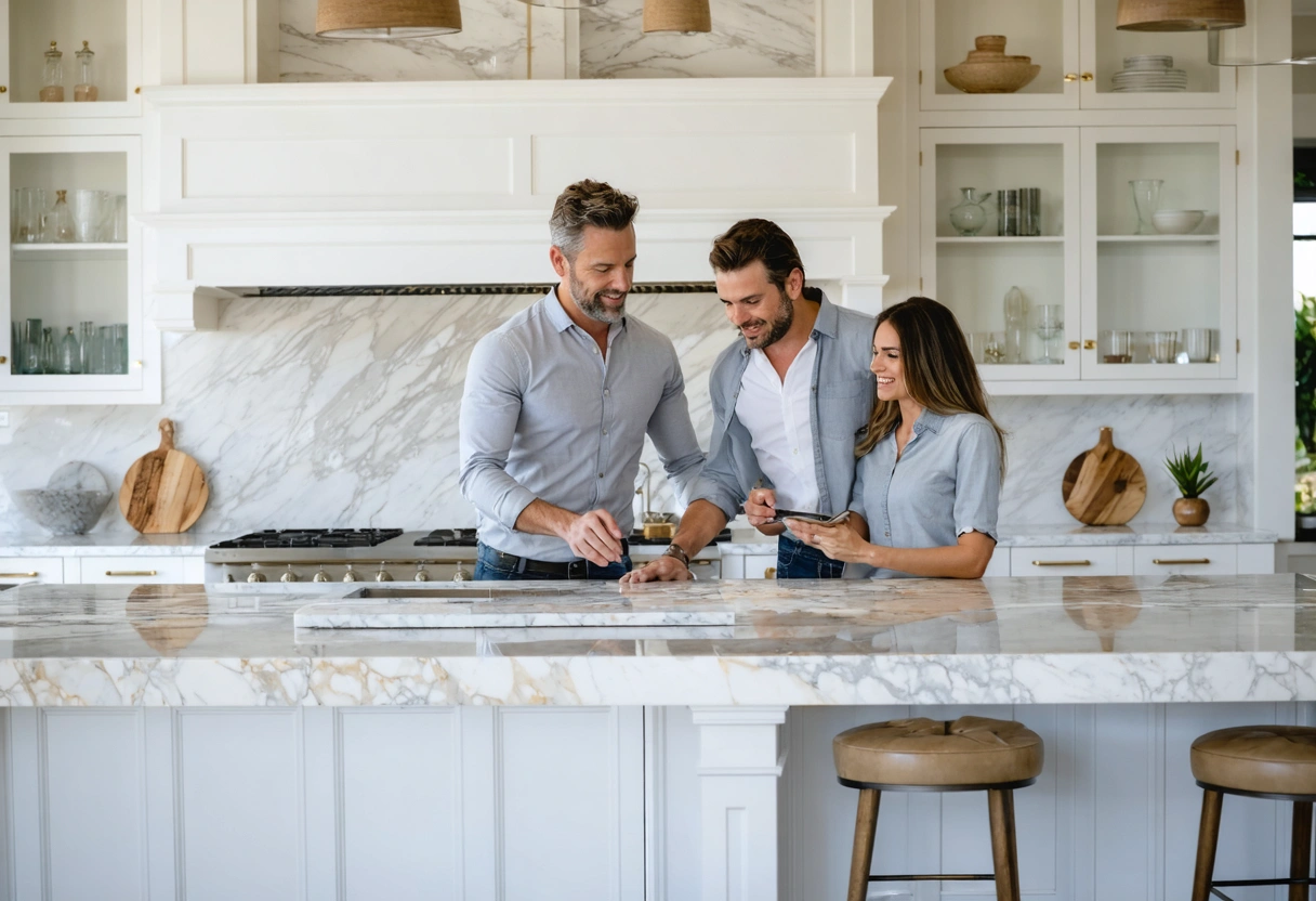 Designer and couple compare granite and quartz samples in bright kitchen showroom