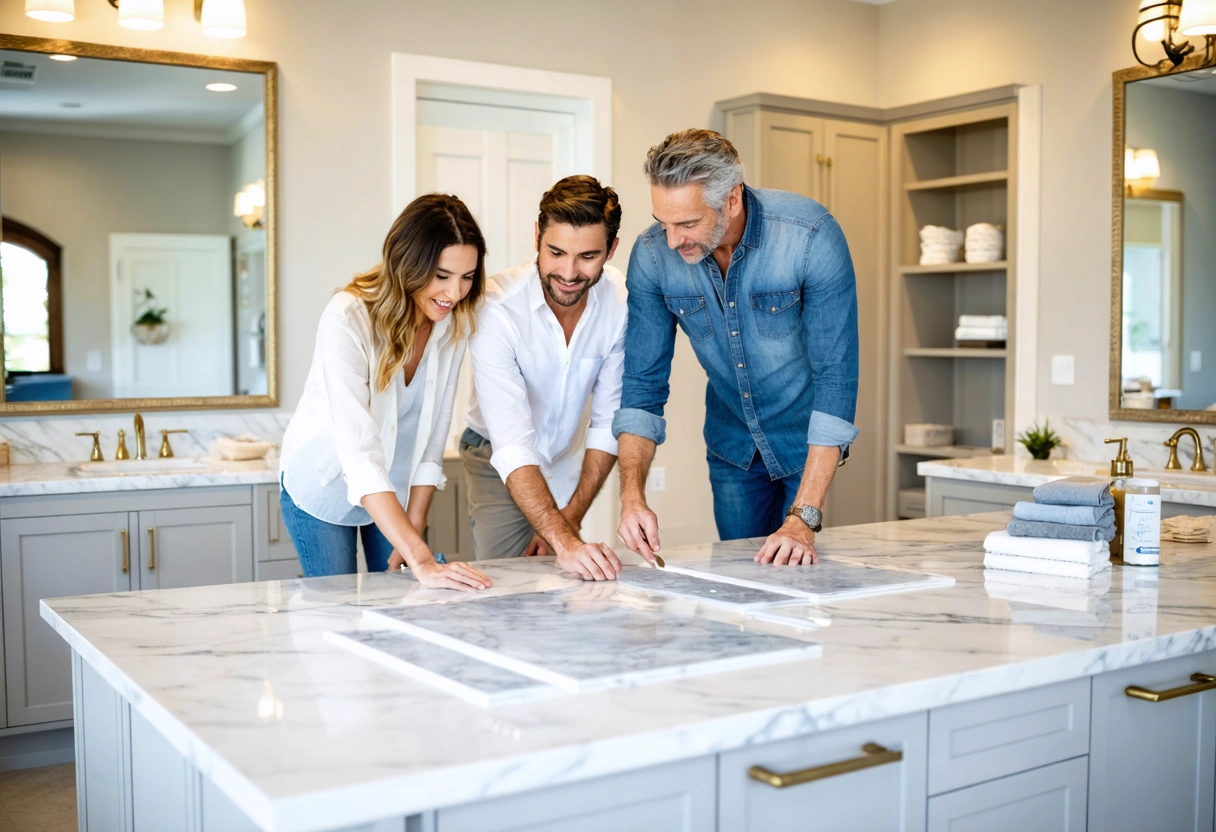Designer and couple compare bathroom materials in a bright coastal showroom