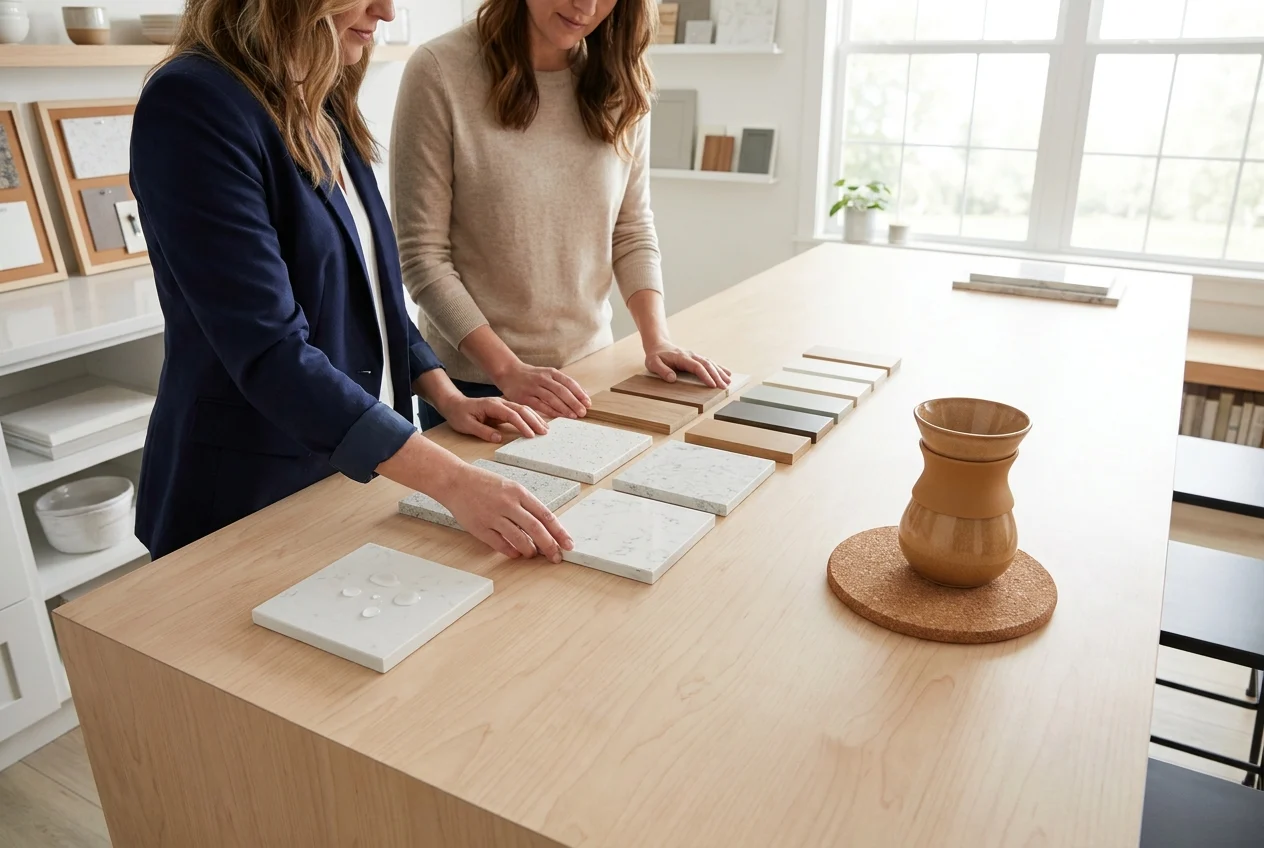 Quartz and granite countertop samples displayed side by side