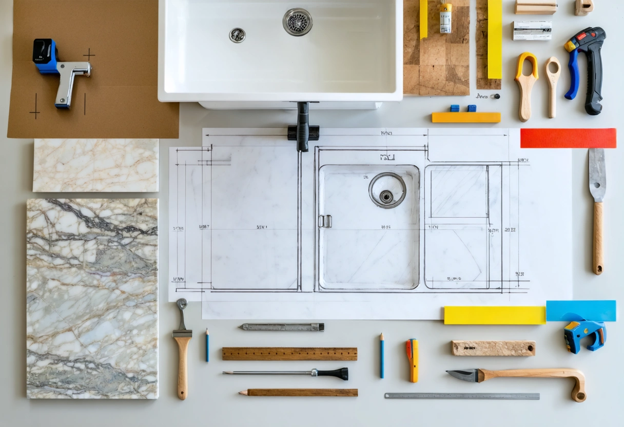 Worker comparing quartz and granite samples in a residential kitchen